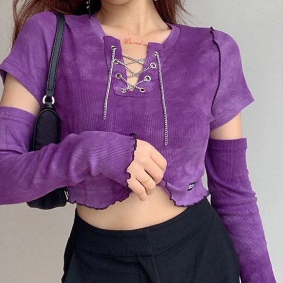 Gothic Punk Streetwear Top with Attached Sleeves - Tie Dye Crop Top - Picture 2 of 13